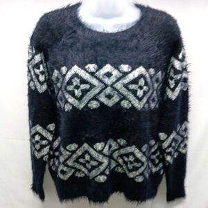 August Silk Fuzzy Comfy Knit Sweater Black With White Geo Print. Woman's Large.